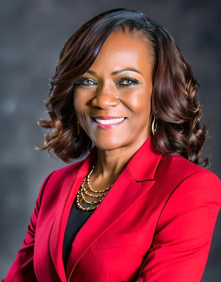 A woman in red jacket and black shirt.